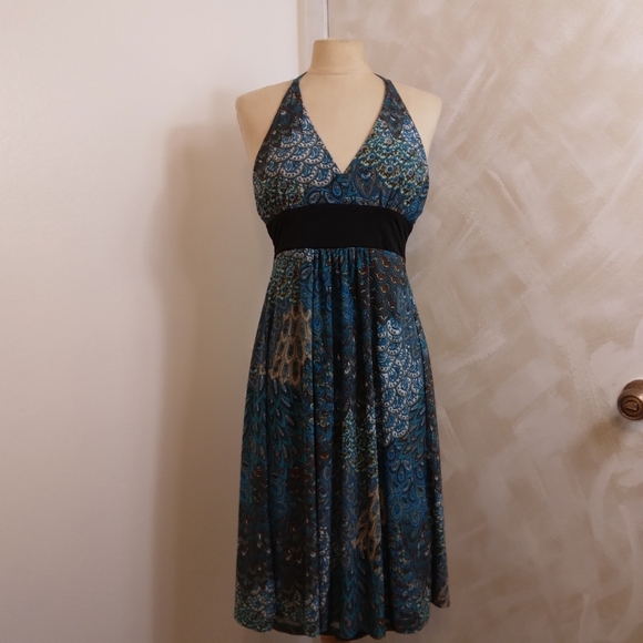Size S Cristina Love Peacock Printed Halter Open Back Sleeveless Dress - Picture 1 of 8